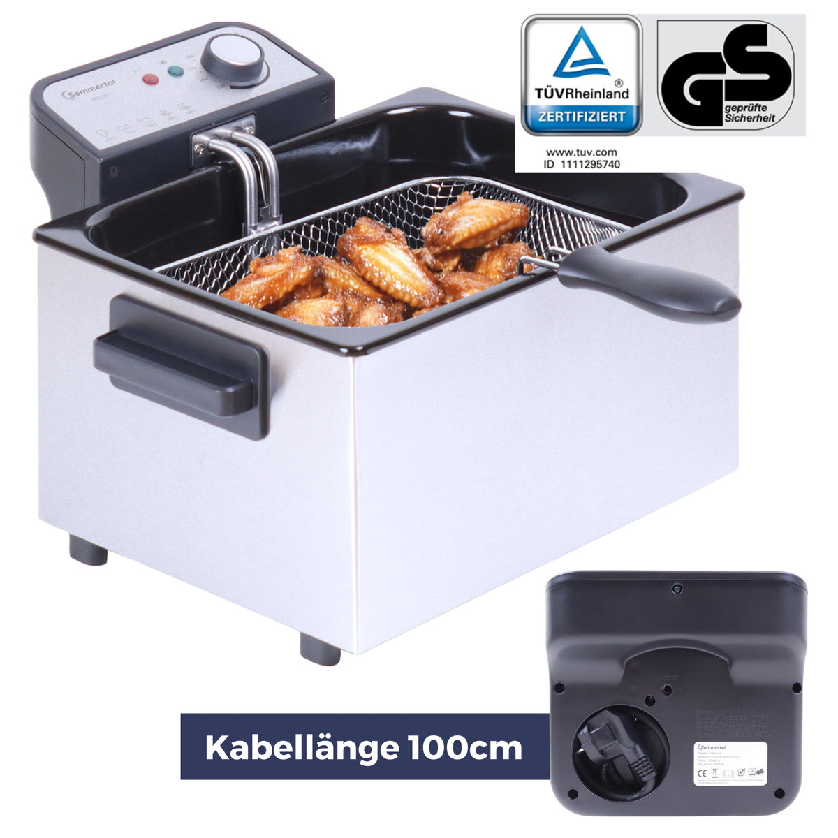 Sommertal XXL Doppel-Fritteuse mit Öl oder Fett – 3 Körbe, 5 Liter, 3000 Watt, Kaltzone, DF3270+ 1L Fettlöser