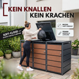 Mülltonnenbox 3er Holzdekor, 120L bis 240L, für Drei Tonnen, Mülltonnenverkleidung aus verzinktem Metall mit Holzdekor-Front, Anthrazit Grau RAL7016, abschließbar, wetterfest, geprüft nach ISO9227, mit Aufkleber Set