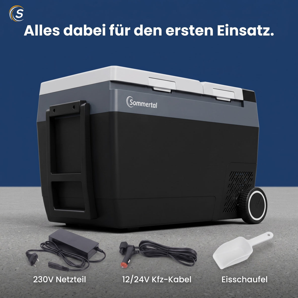 Kompressor-Kühlbox mit Eiswürfelmaschine C32E, −20 bis +20 °C, 12/24V & 230V, App-Steuerung und Trolleyfunktion.