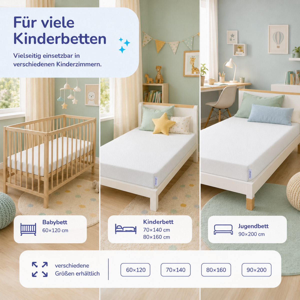 Arensberger Kindermatratze Babymatratze NORA, Höhe 12cm, Bezug waschbar & abnehmbar, punktelastischer Gelschaum, Jugendmatratze, allergikerfreundlich premium Bezug