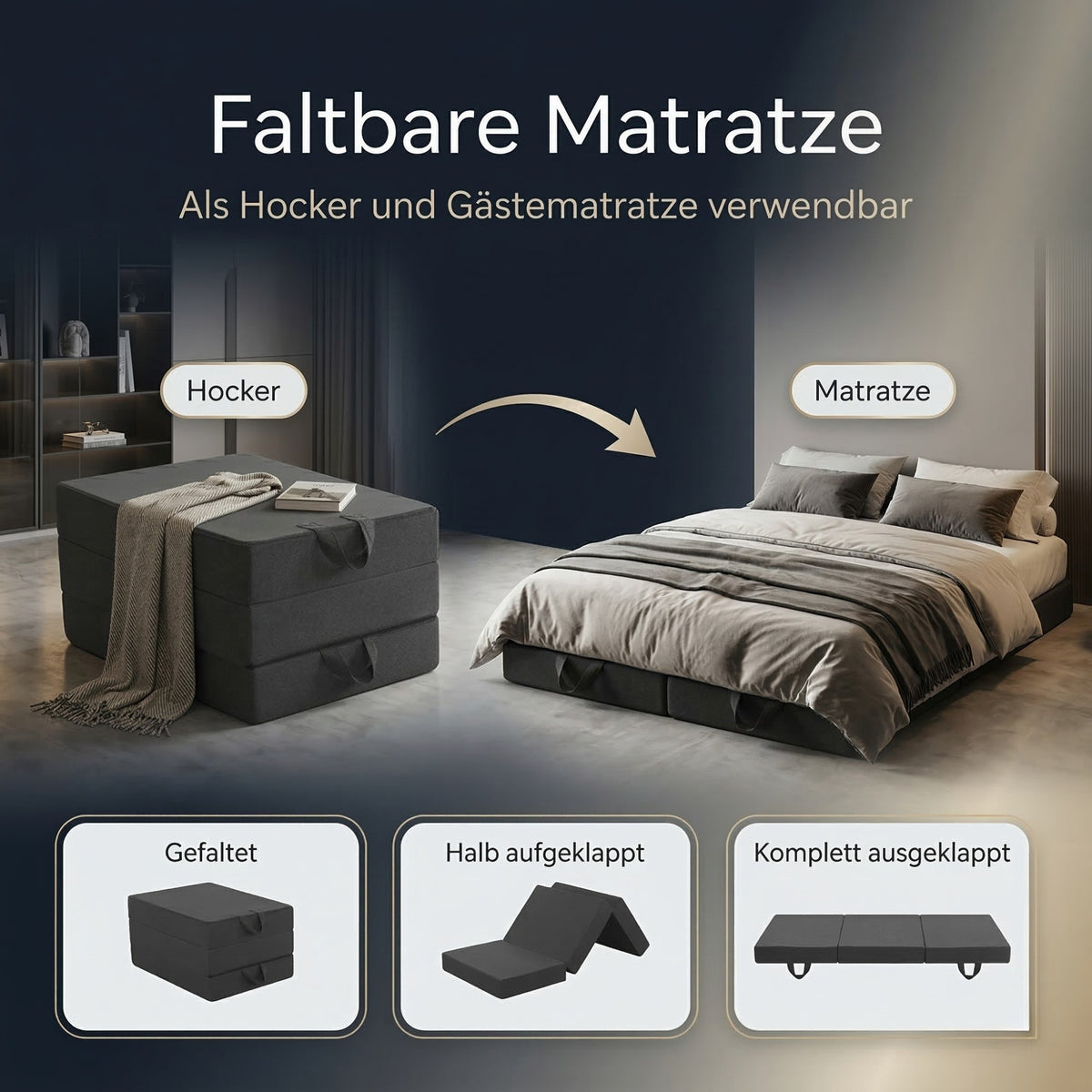Arensberger Amalia Gästebett Klappmatratze | 16 cm XXL NANOCELL® Gelschaum | Faltmatratze mit Transporttasche
