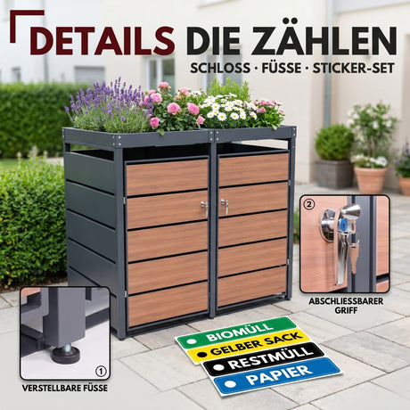 Mülltonnenbox 2er Holzdekor mit Pflanzkasten, 120L bis 240L, für Zwei Tonnen, Metall, Anthrazit Grau RAL7016, abschließbar, wetterfest, geprüft ISO9227, mit Aufkleber Set