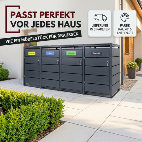 Mülltonnenbox 4er Tonne | bis 240 Liter | Anthrazitgrau RAL 7016 | verzinkter Stahl | Premium Dämpfer| Aufkleber-Set | wetterfest