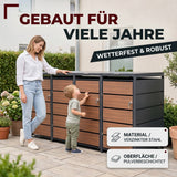 Mülltonnenbox 4er Holzdekor, 120L bis 240L, für Vier Tonnen, Mülltonnenverkleidung aus verzinktem Metall mit Holzdekor-Front, Anthrazit Grau RAL7016, abschließbar, wetterfest, geprüft nach ISO9227, mit Aufkleber Set