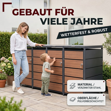 Mülltonnenbox 4er Holzdekor, 120L bis 240L, für Vier Tonnen, Mülltonnenverkleidung aus verzinktem Metall mit Holzdekor-Front, Anthrazit Grau RAL7016, abschließbar, wetterfest, geprüft nach ISO9227, mit Aufkleber Set