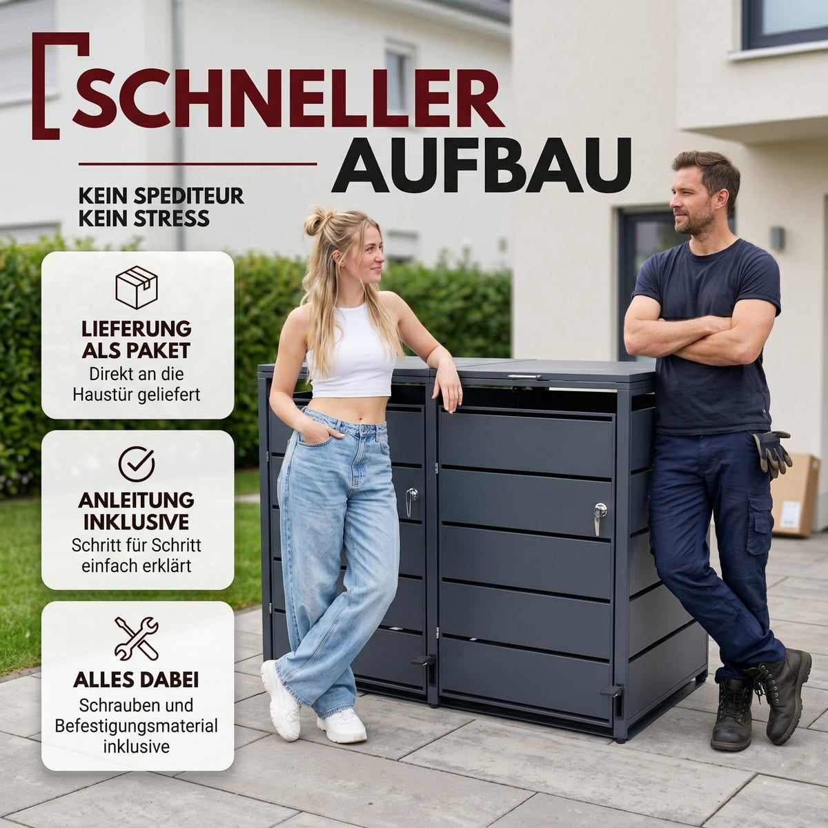 Mülltonnenbox 2er mit Pedal, 120L bis 240L, für Zwei Tonnen, Metallverkleidung aus verzinktem Stahl, Anthrazit Grau RAL7016, abschließbar, wetterfest, ISO9227, mit Aufkleber Set