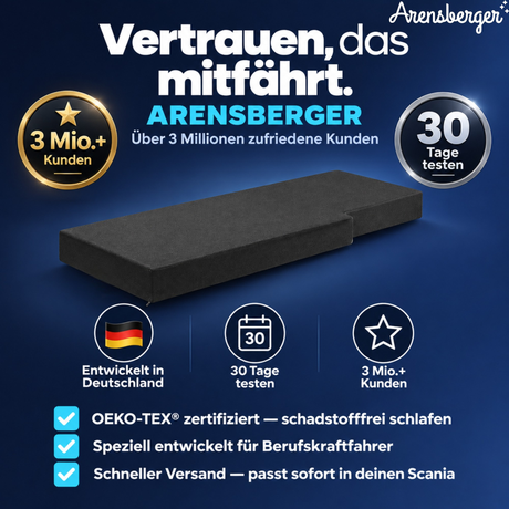 Arensberger LKW-Matratze aus Gelschaum, passend für Scania R2010, 215 × 67 cm, 15 cm hoch, Bezug waschbar bis 60 °C