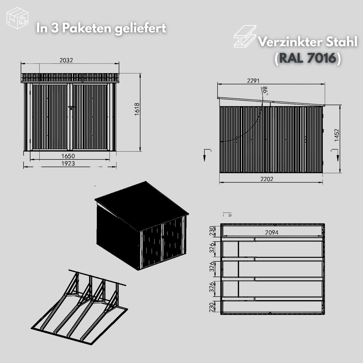 Albatros Premium Fahrradgarage – verzinktes Metall in Anthrazit (RAL 7016) | 203x229x162cm