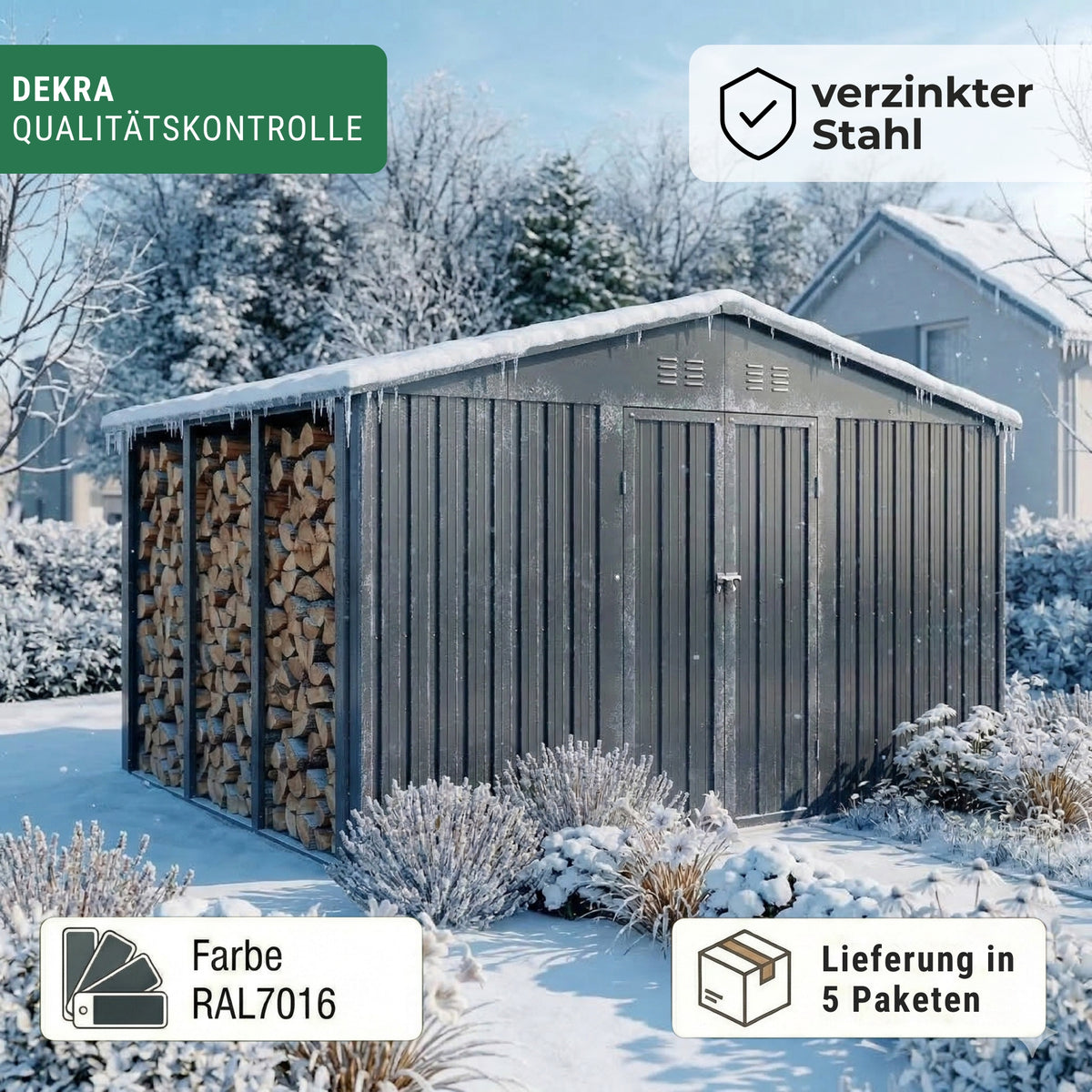 Albatros Gerätehaus 4XL | Anthrazit RAL 7016 | 386,6x325,5x204cm | abschließbar inkl. Schloss & Werkzeughaken | Gartenhaus aus verzinktem wetterfestem Metall