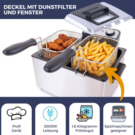 Sommertal XXL Doppel-Fritteuse mit Öl oder Fett – 3 Körbe, 5 Liter, 3000 Watt, Kaltzone, DF3270