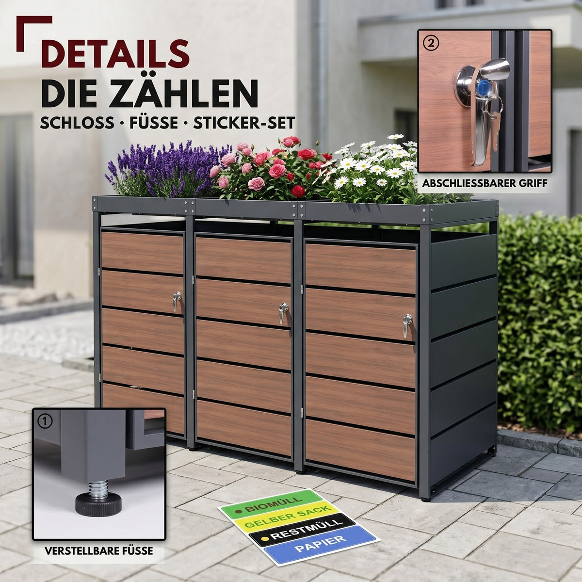 Mülltonnenbox 3er Holzdekor mit Pflanzkasten, 120L bis 240L, für Drei Tonnen, Metall, Anthrazit RAL7016, abschließbar, wetterfest, ISO9227, mit Aufkleber Set