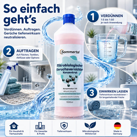 Sommertal Mikrobiologischer Geruchsvernichter Konzentrat 1L – 1:50 für Tiergerüche, Küche, Bad, Sanitär, Polster & Teppiche
