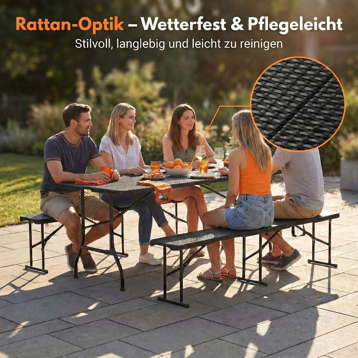 Bierzeltgarnitur Rattan, robuste Biertischgarnitur klappbar