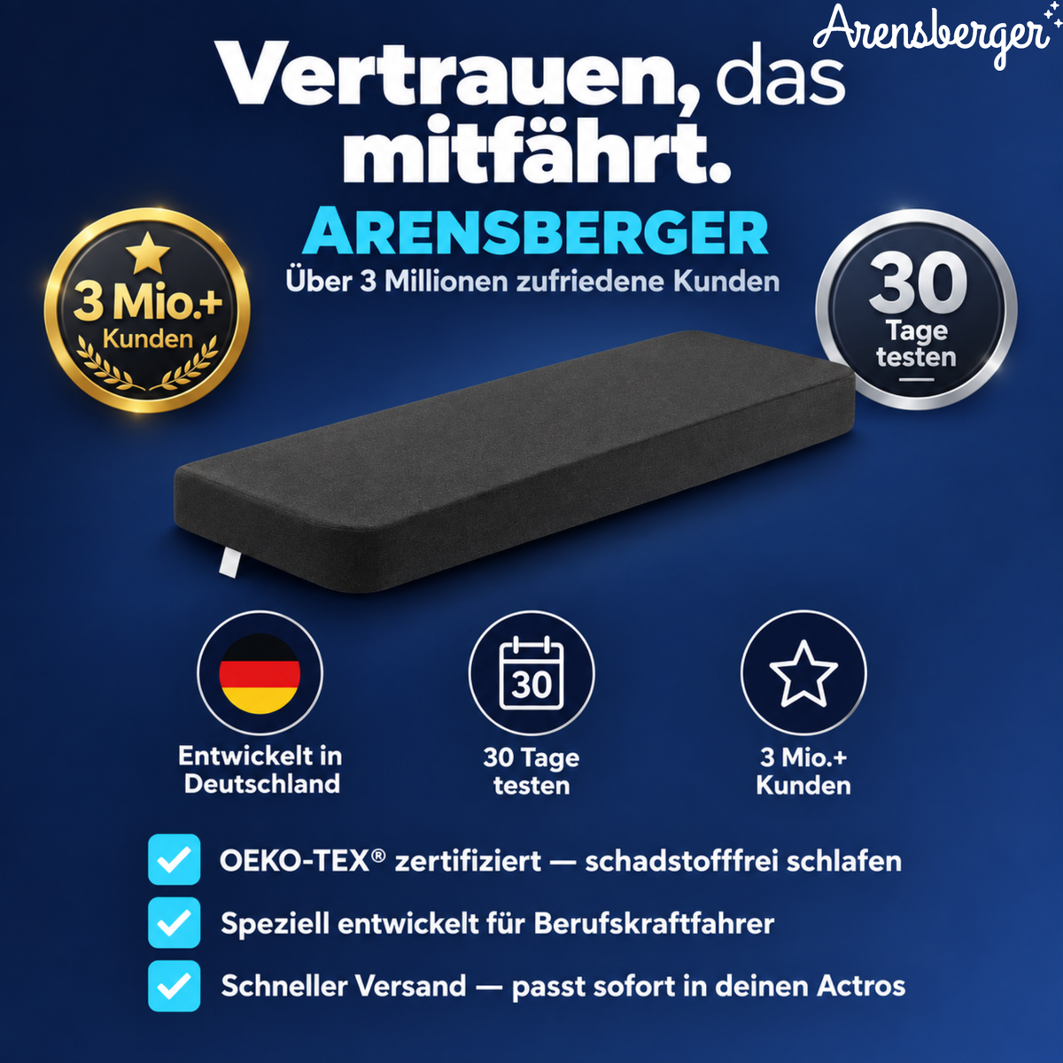 Arensberger LKW-Matratze aus Gelschaum, passend für Mercedes-Benz Actros MP4, 220 × 75 cm, 15 cm hoch, Bezug waschbar bis 60 °C