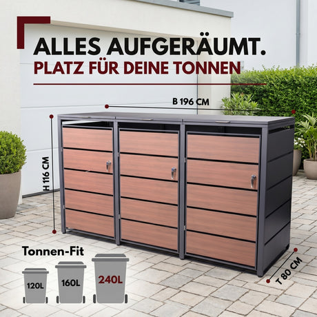 Mülltonnenbox 3er Holzdekor, 120L bis 240L, für Drei Tonnen, Mülltonnenverkleidung aus verzinktem Metall mit Holzdekor-Front, Anthrazit Grau RAL7016, abschließbar, wetterfest, geprüft nach ISO9227, mit Aufkleber Set