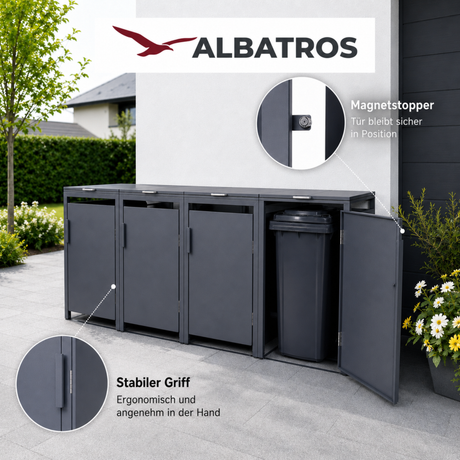 Mülltonnenbox 4er Hauswandversion, 120L bis 240L, für Vier Tonnen, verzinktes Metall RAL7016 Anthrazit, offene Rückseite, bessere Belüftung, wetterfest, ISO9227, verstellbare Füße