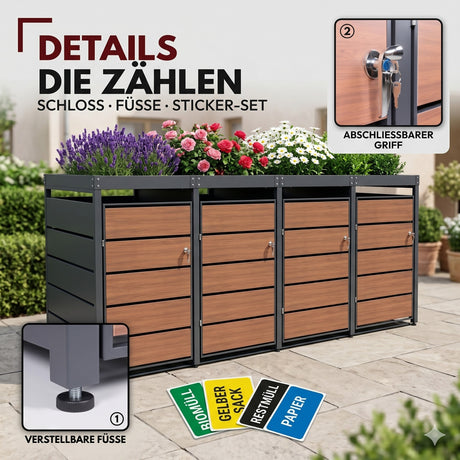 Mülltonnenbox 4er Holzdekor mit Pflanzkasten, 120L bis 240L, für Vier Tonnen, Metall, Anthrazit RAL7016, abschließbar, wetterfest, ISO9227, mit Aufkleber Set