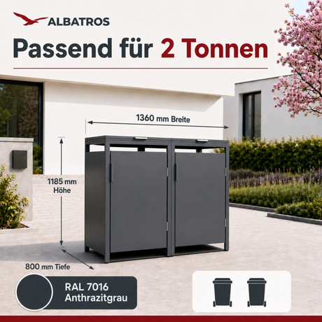 Mülltonnenbox 2er Hauswandversion, 120L bis 240L, für Zwei Tonnen, verzinktes Metall RAL7016 Anthrazit, offene Rückseite, bessere Belüftung, wetterfest, ISO9227, verstellbare Füße