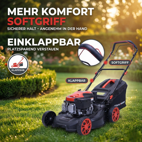 Rasenmäher Benzin mit Antrieb BR460 – 5,4PS (4,0kW) 170ccm mit Antrieb, 46cm Schnittbreite, Mulchen, Schnitthöhenverstellung, Easy Clean Anschluss, Große Räder, 60L Korb