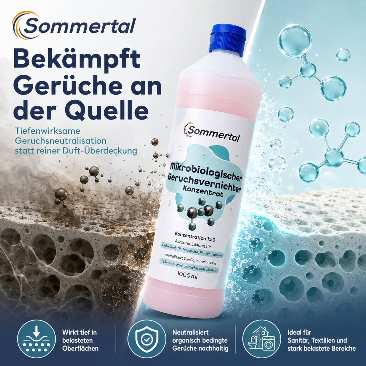 Sommertal Mikrobiologischer Geruchsvernichter Konzentrat 1L – 1:50 für Tiergerüche, Küche, Bad, Sanitär, Polster & Teppiche
