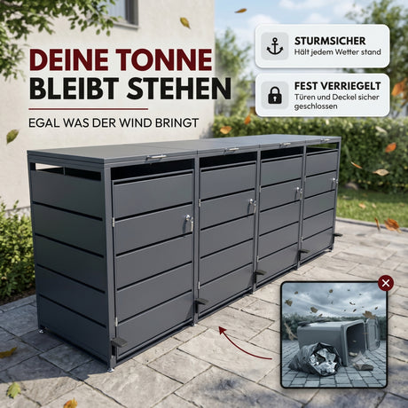 Mülltonnenbox 4er mit Pedal, 120L bis 240L, für Vier Tonnen, Metallverkleidung aus verzinktem Stahl, Anthrazit Grau RAL7016, abschließbar, wetterfest, ISO9227, mit Aufkleber Set