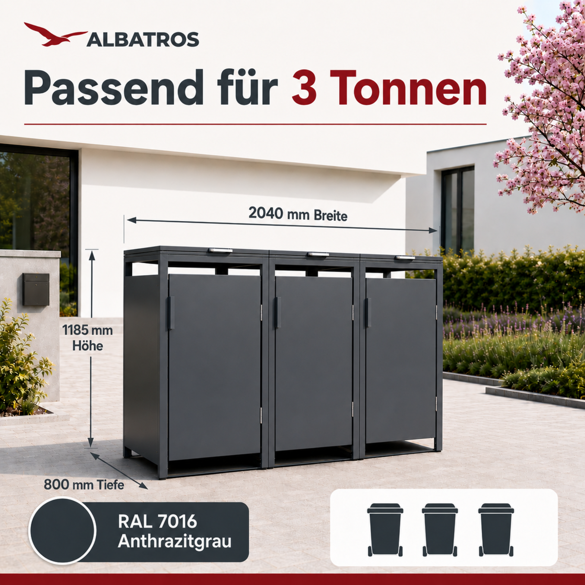 Mülltonnenbox 3er Hauswandversion, 120L bis 240L, für Drei Tonnen, verzinktes Metall RAL7016 Anthrazit, offene Rückseite, bessere Belüftung, wetterfest, ISO9227, verstellbare Füße