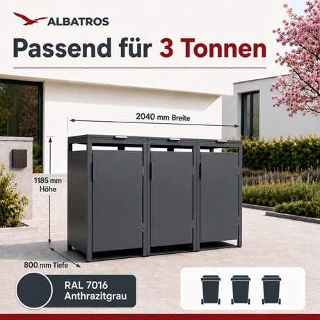 Mülltonnenbox 3er Hauswandversion, 120L bis 240L, für Drei Tonnen, verzinktes Metall RAL7016 Anthrazit, offene Rückseite, bessere Belüftung, wetterfest, ISO9227, verstellbare Füße
