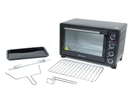 Minibackofen 30 Liter mit Drehspieß & Umluft, 1500W, 100–230°C, 60 Min. Timer, Hähnchengrill Mini Backofen, Kleiner Backofen zum Backen, Grillen & Pizza, Campingbackofen inkl. Zubehör