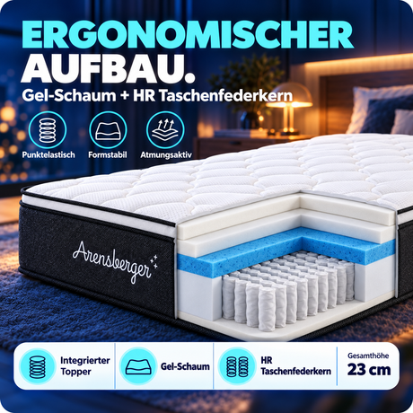 Arensberger EMILIA Taschenfederkernmatratze – 23 cm, Gelschaum, integrierter Topper