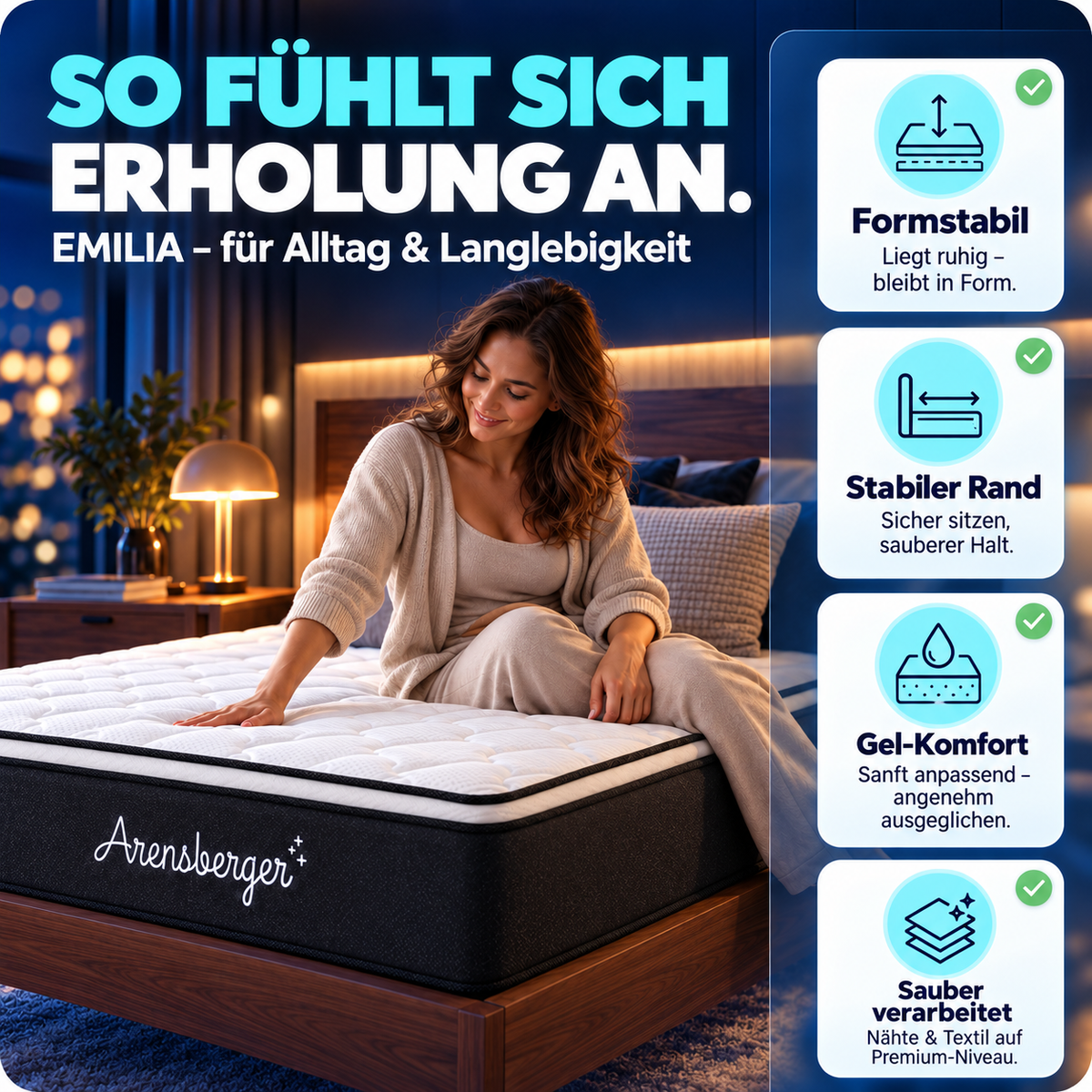 Arensberger EMILIA Taschenfederkernmatratze – 23 cm, Gelschaum, integrierter Topper