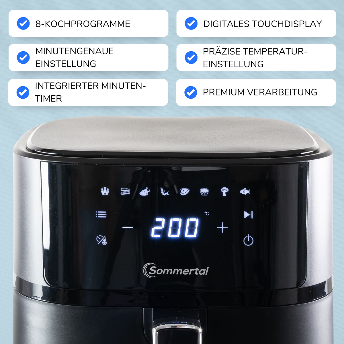 Sommertal Heißluftfritteuse HF570 – 5,7L XL Airfryer - Touchscreen, 8 Programme, 1700 Watt, TÜV Rheinland GS geprüft