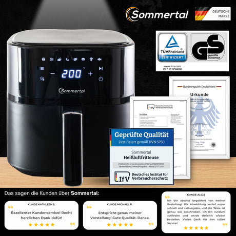 Sommertal Heißluftfritteuse HF570 – 5,7L XL Airfryer - Touchscreen, 8 Programme, 1700 Watt, TÜV Rheinland GS geprüft