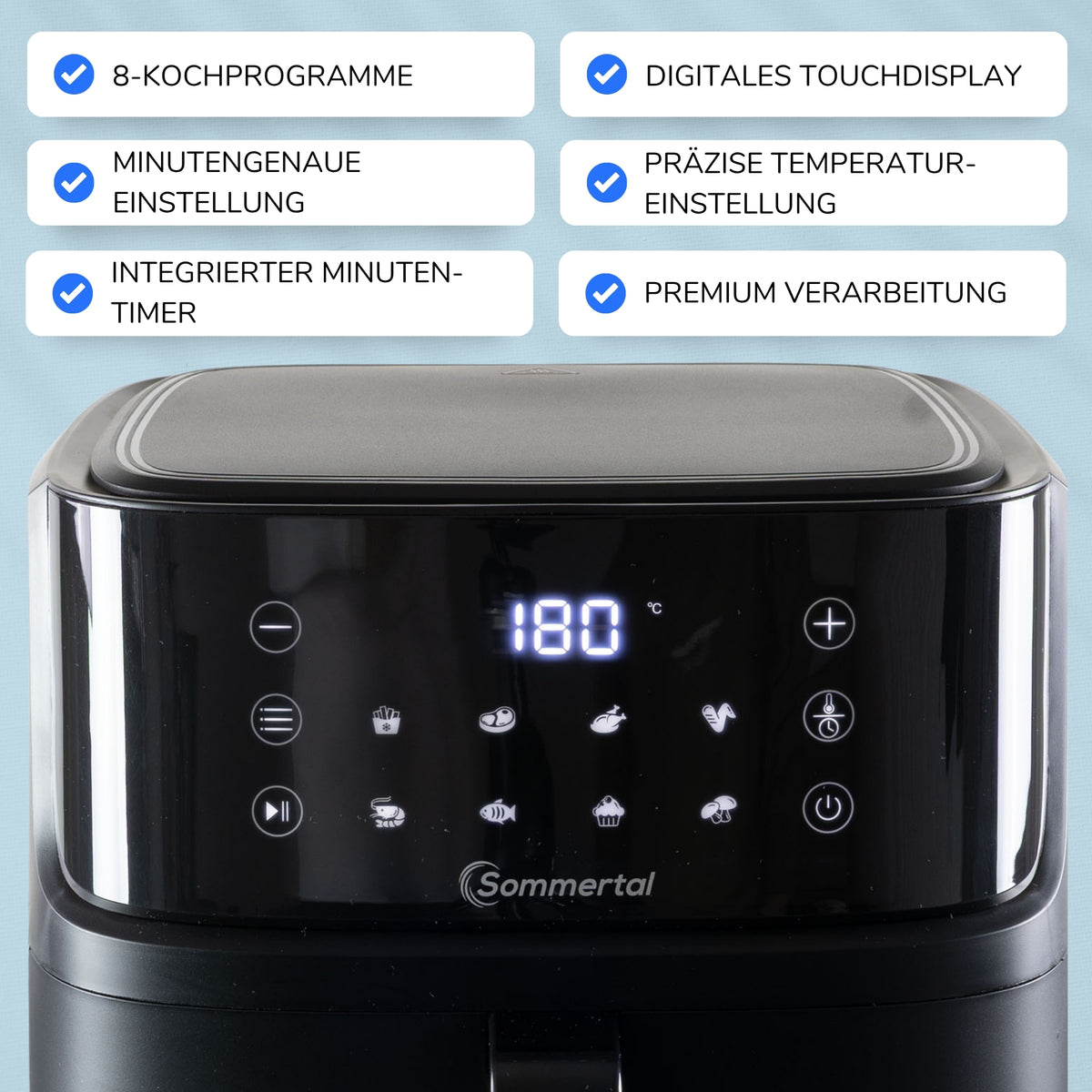 Sommertal Heißluftfritteuse HF760 - 7,6L XXL Airfryer - Touchscreen, 8 Programme, 2000 Watt, TÜV Rheinland GS geprüft