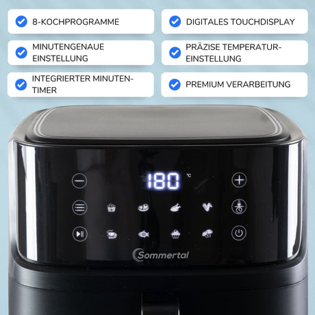 Sommertal Heißluftfritteuse HF760 - 7,6L XXL Airfryer - Touchscreen, 8 Programme, 2000 Watt, TÜV Rheinland GS geprüft