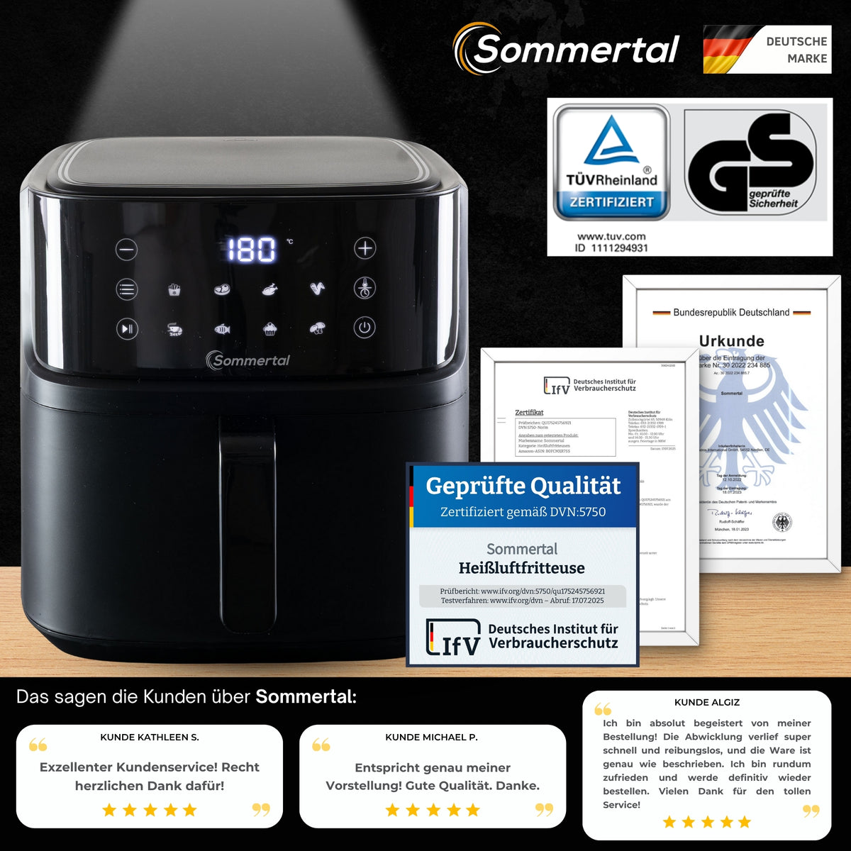 Sommertal Heißluftfritteuse HF760 - 7,6L XXL Airfryer - Touchscreen, 8 Programme, 2000 Watt, TÜV Rheinland GS geprüft
