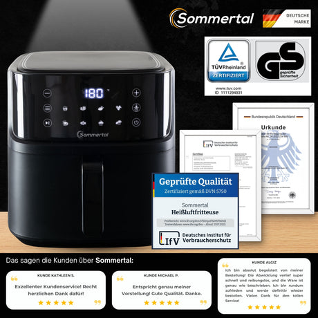 Sommertal Heißluftfritteuse HF760 - 7,6L XXL Airfryer - Touchscreen, 8 Programme, 2000 Watt, TÜV Rheinland GS geprüft
