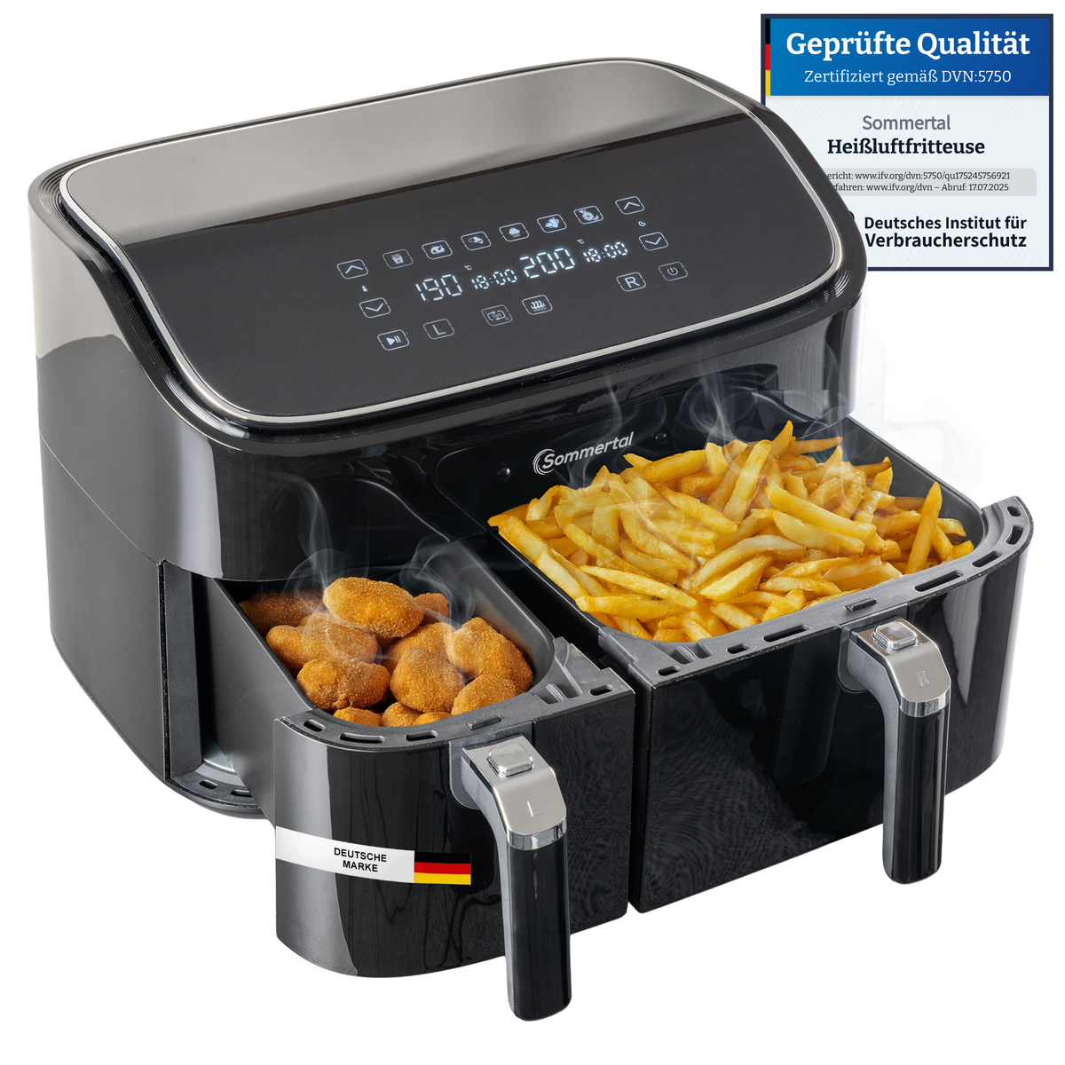 Sommertal Heißluftfritteuse HF DUAL 900 mit Doppelkammer | 9 Liter XXL Airfryer & Dörrgerät | 2850W