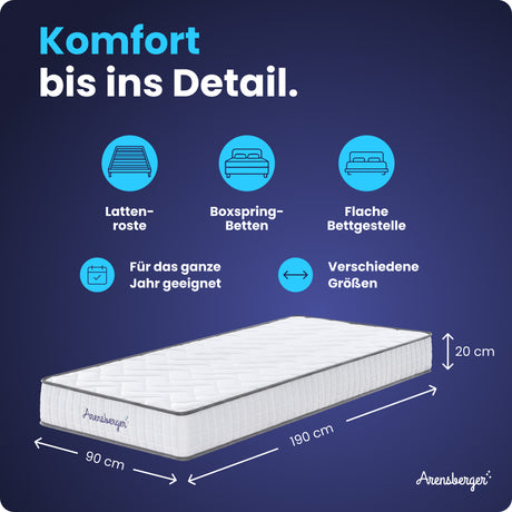 Arensberger Taschenfederkernmatratze JANA - 20cm hoch mit Kaltschaum, 7-Zonen