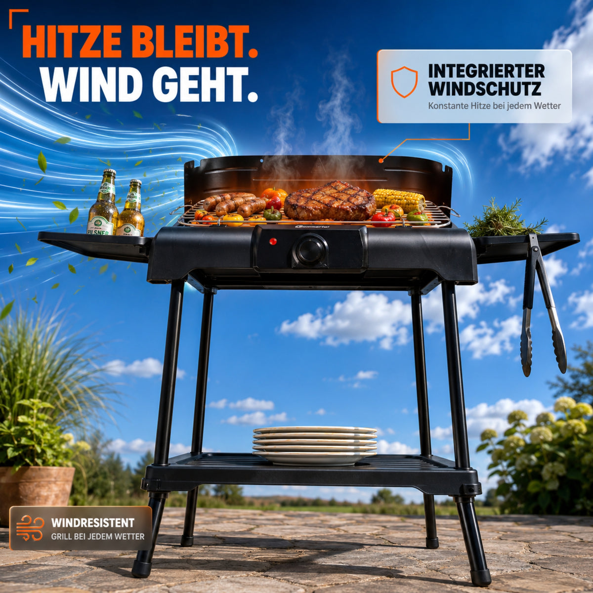 Sommertal BBQ231 Elektrogrill | Balkongrill | 2200W | Camping Grill | 2in1 Tischgrill mit Standfuß | Stufenloser Temperaturregler
