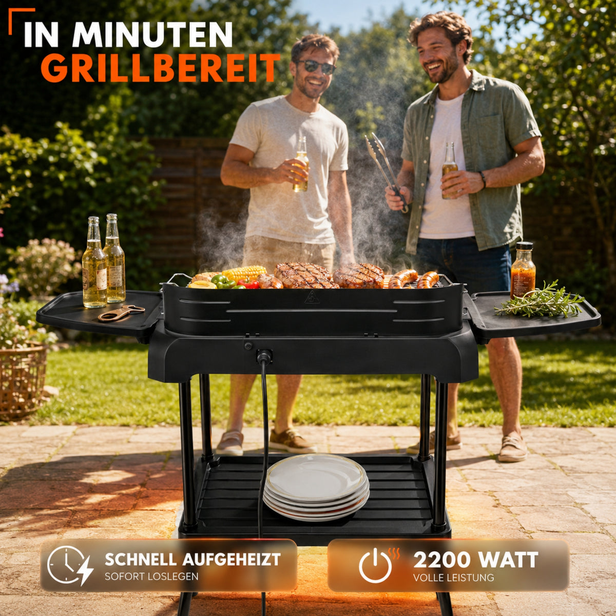 Sommertal BBQ231 Elektrogrill | Balkongrill | 2200W | Camping Grill | 2in1 Tischgrill mit Standfuß | Stufenloser Temperaturregler
