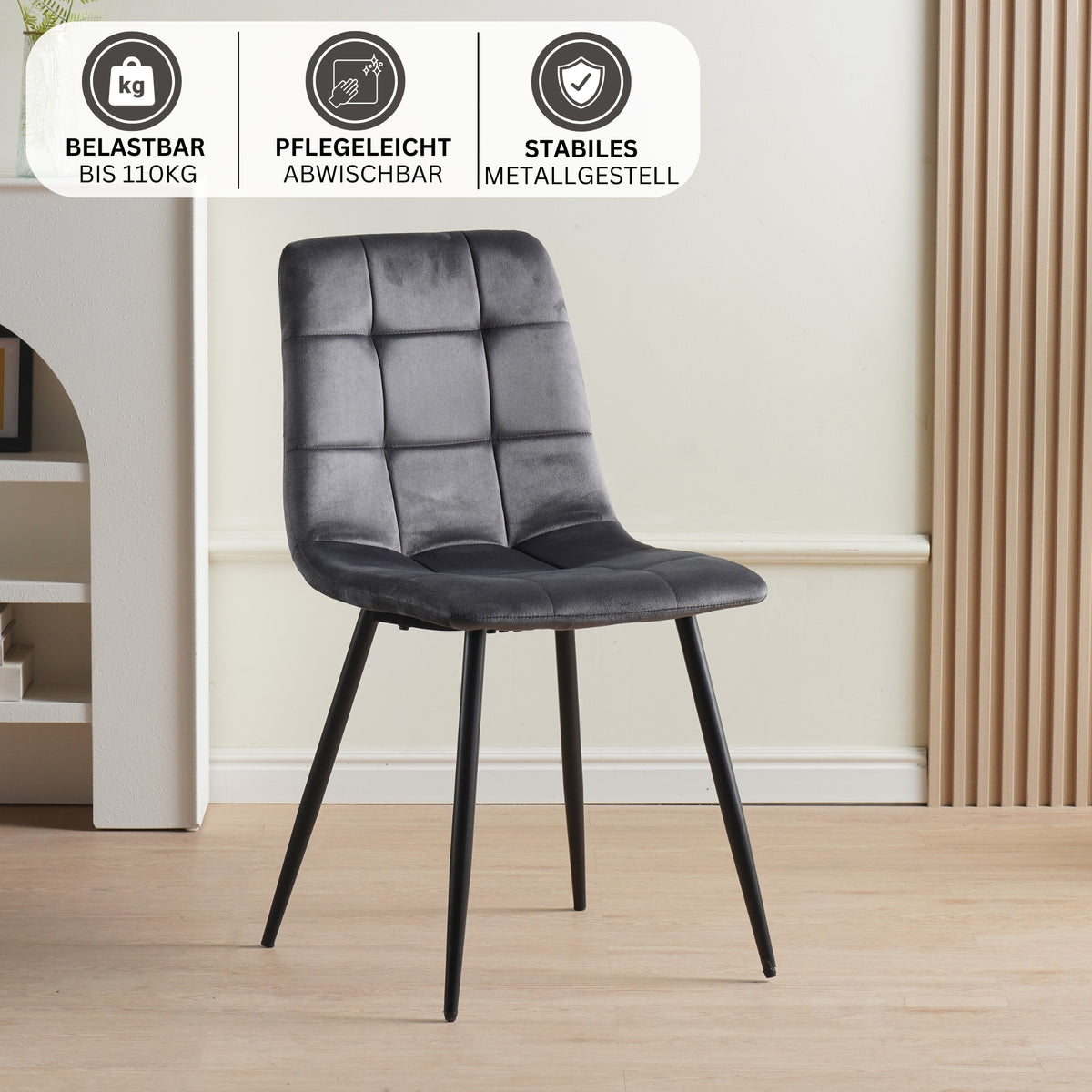 ALBATROS Designer Esszimmerstuhl BORA | 4er Set | Anthrazit, Grau, Beige | Samt Bezug