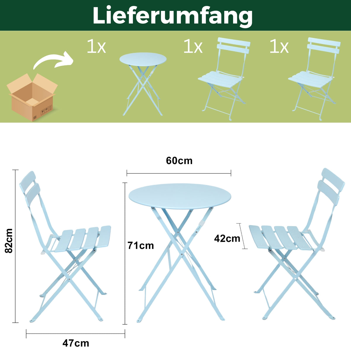 Bistroset 3-teilig, klappbarer Bistrotisch mit 2 Stühlen