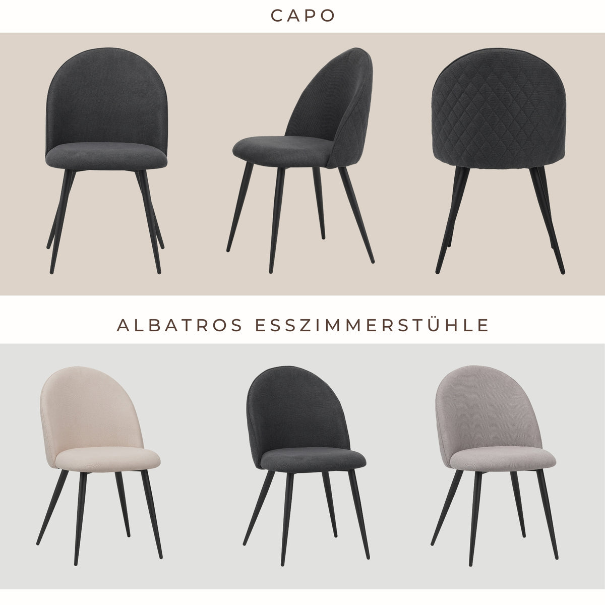 ALBATROS Designer Esszimmerstuhl CAPO | 4er Set | Schwarz, Grau, Beige | Stoff Bezug