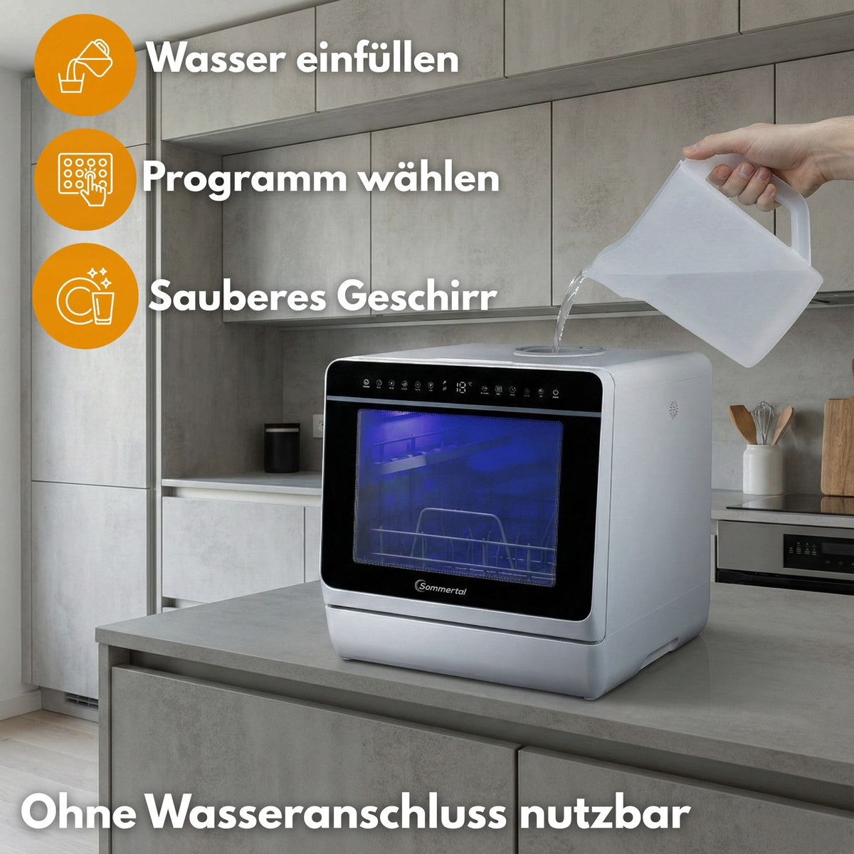 SP9 Dual Mini Geschirrspüler | Tischgeschirrspüler für 1-5 Personen, 8 Programme, 950W | Kleine Spülmaschine freistehend mit LED, Touch, Tank & Wasseranschluss | leise & kompakt