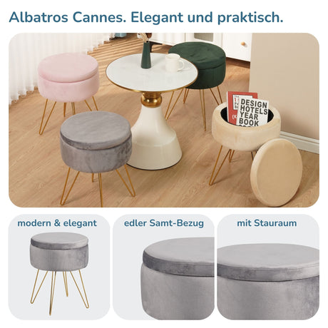 Sitzhocker mit Stauraum CANNES Sherpa oder Samtbezug