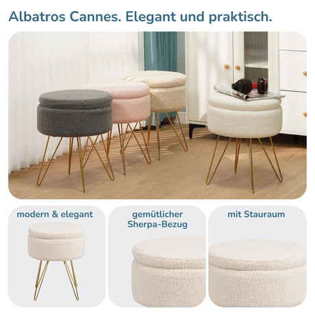 Sitzhocker mit Stauraum CANNES Sherpa oder Samtbezug