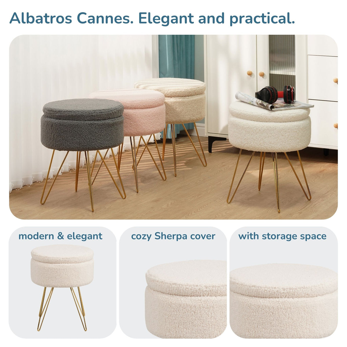 Sitzhocker mit Stauraum CANNES Sherpa oder Samtbezug