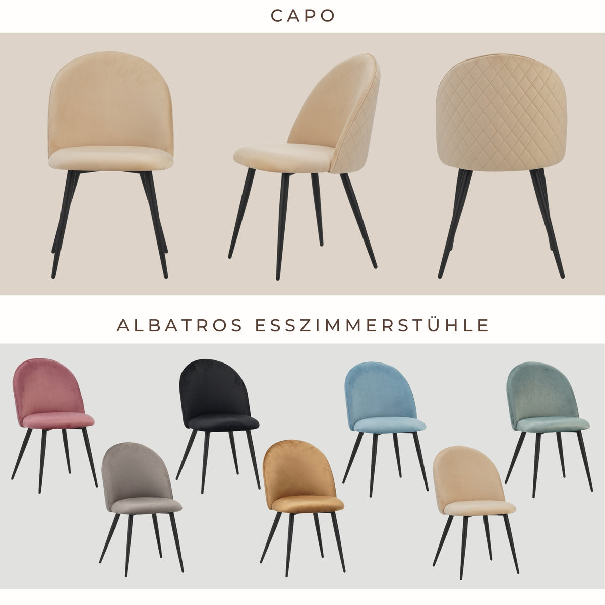 ALBATROS Designer Esszimmerstuhl CAPO | 4er Set | Schwarz, Braun, Grau, Beige, Türkis, Blau, Pink | Samt Bezug