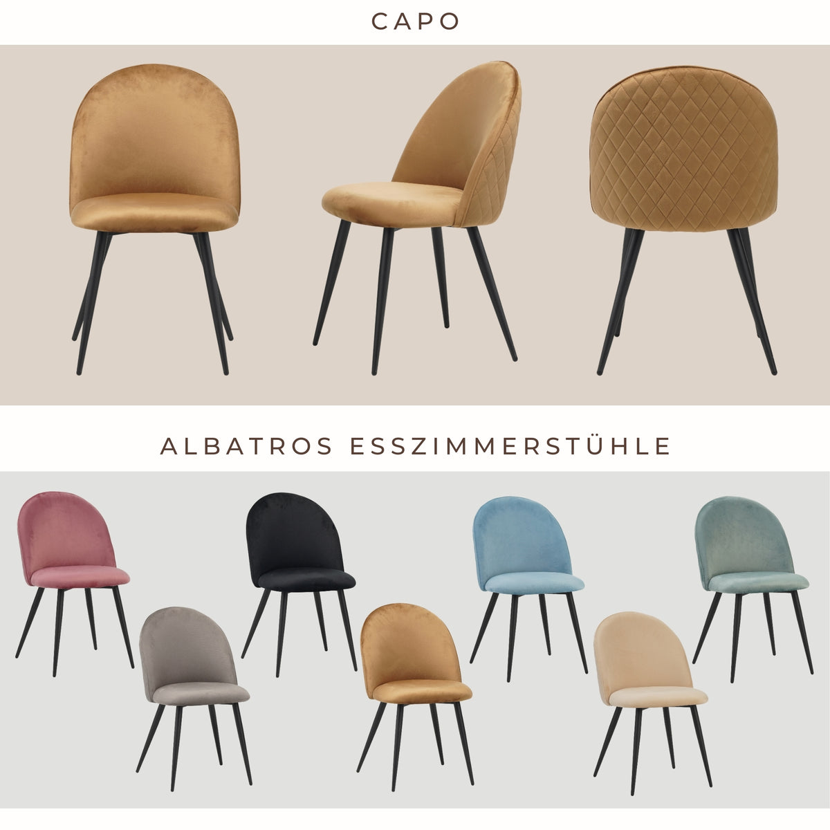 ALBATROS Designer Esszimmerstuhl CAPO | 4er Set | Schwarz, Braun, Grau, Beige, Türkis, Blau, Pink | Samt Bezug