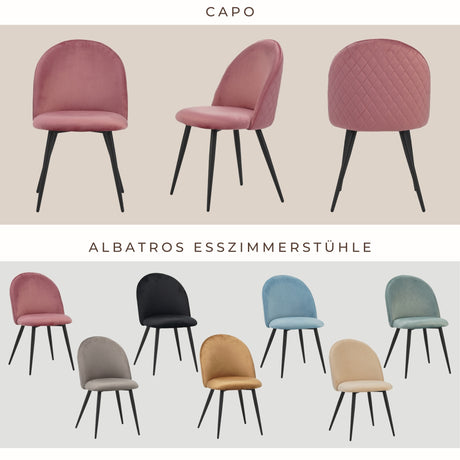 ALBATROS Designer Esszimmerstuhl CAPO | 4er Set | Schwarz, Braun, Grau, Beige, Türkis, Blau, Pink | Samt Bezug